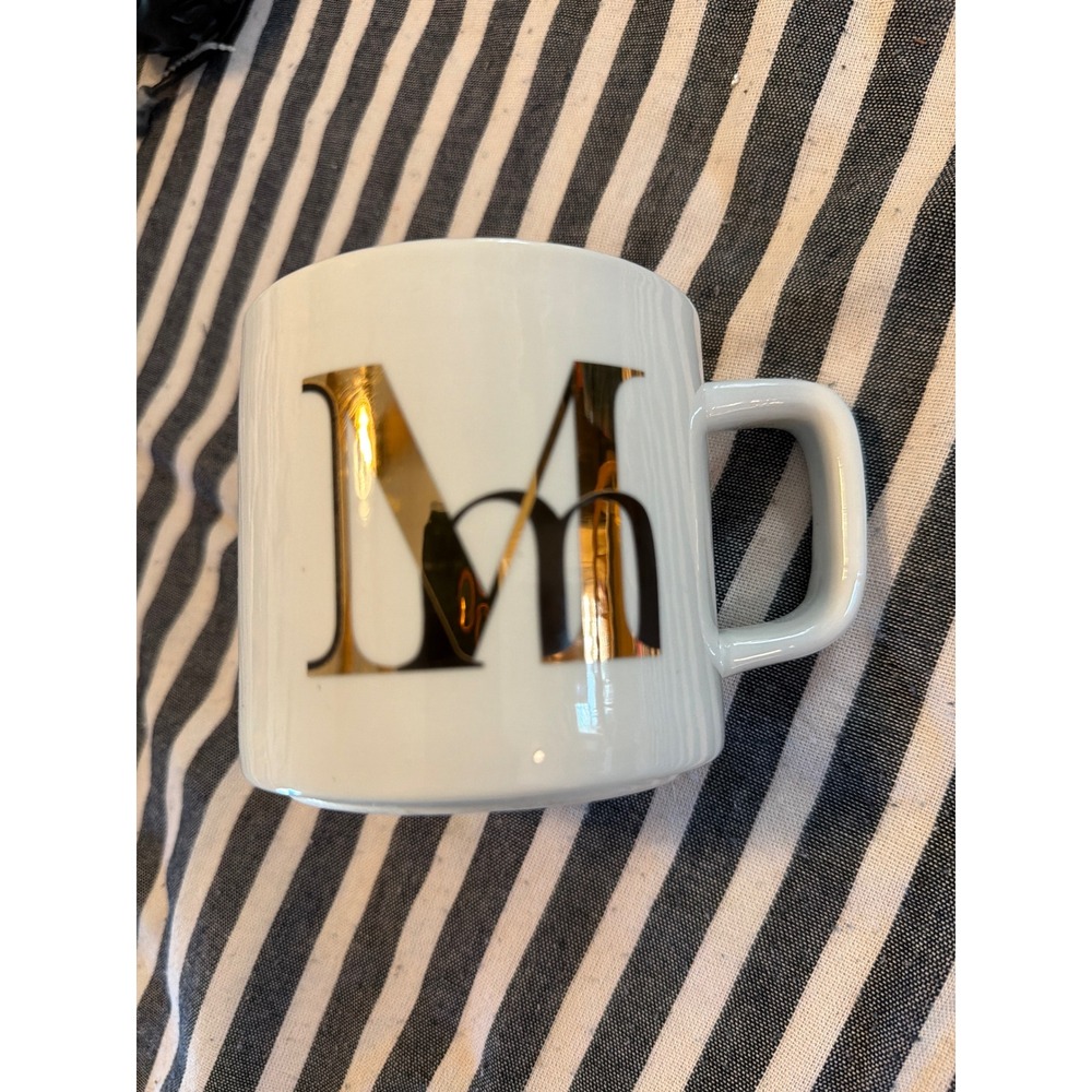 World Market Monogram Letter M Coffee Mug White‎ Gold Metallic Initial Ceramic